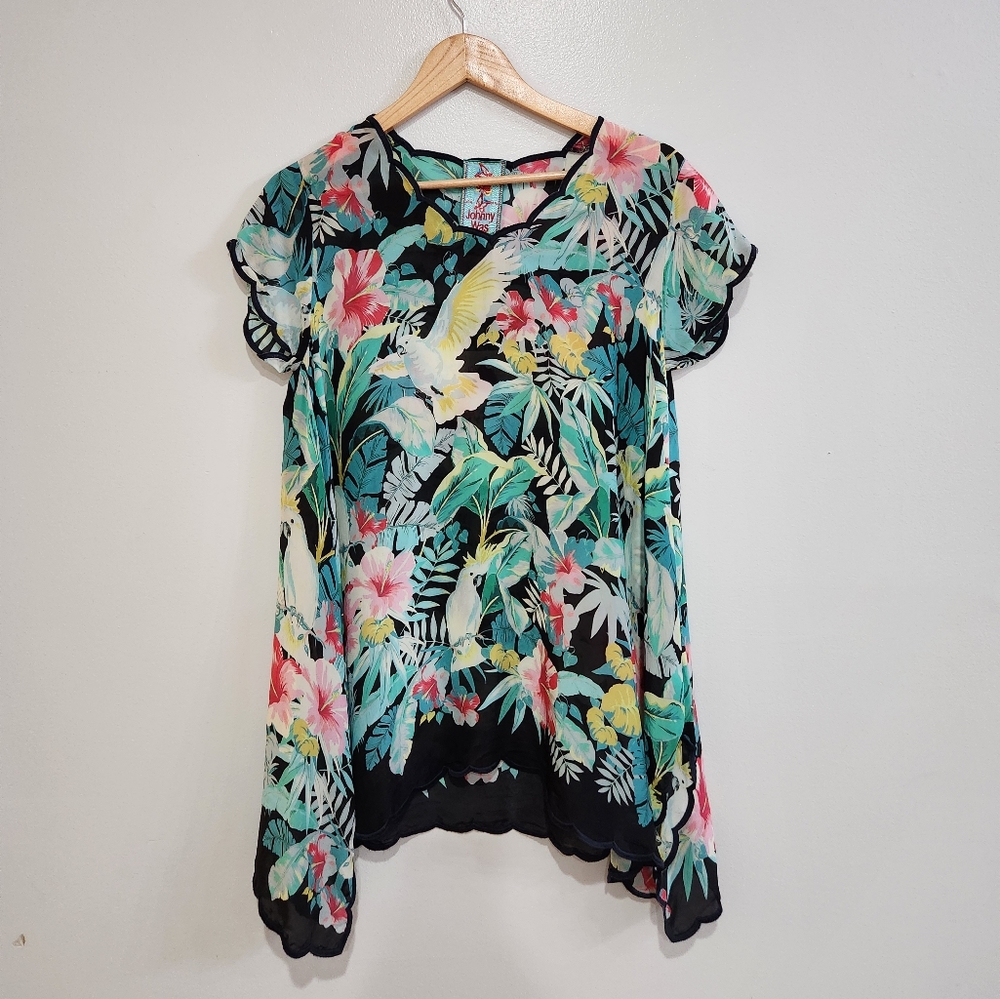 Johnny Was "Plaid Dream"  tropical print georgette with scalloped trim top, XS